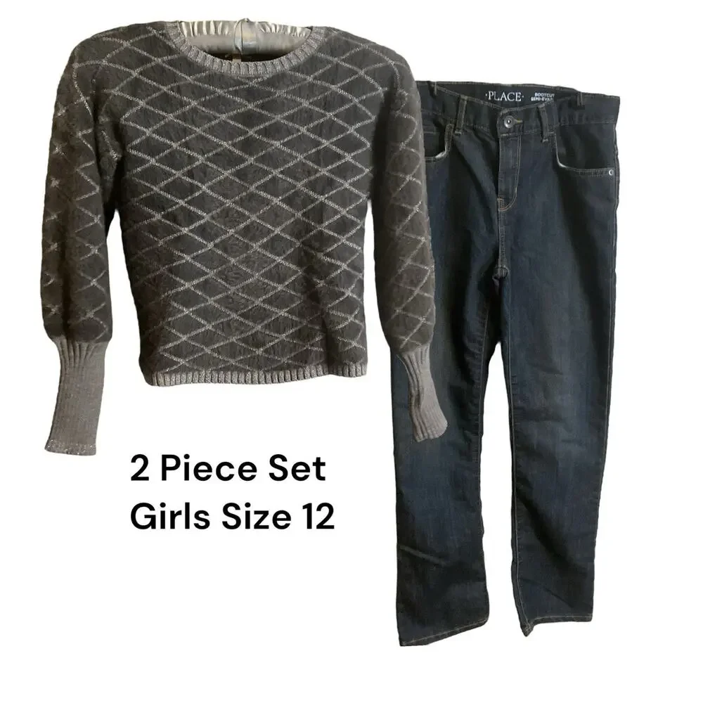 KID CHIC Girls Gray Silver Sweater SZ 12 Children's Place‎ Blue Jeans SZ 12 Set